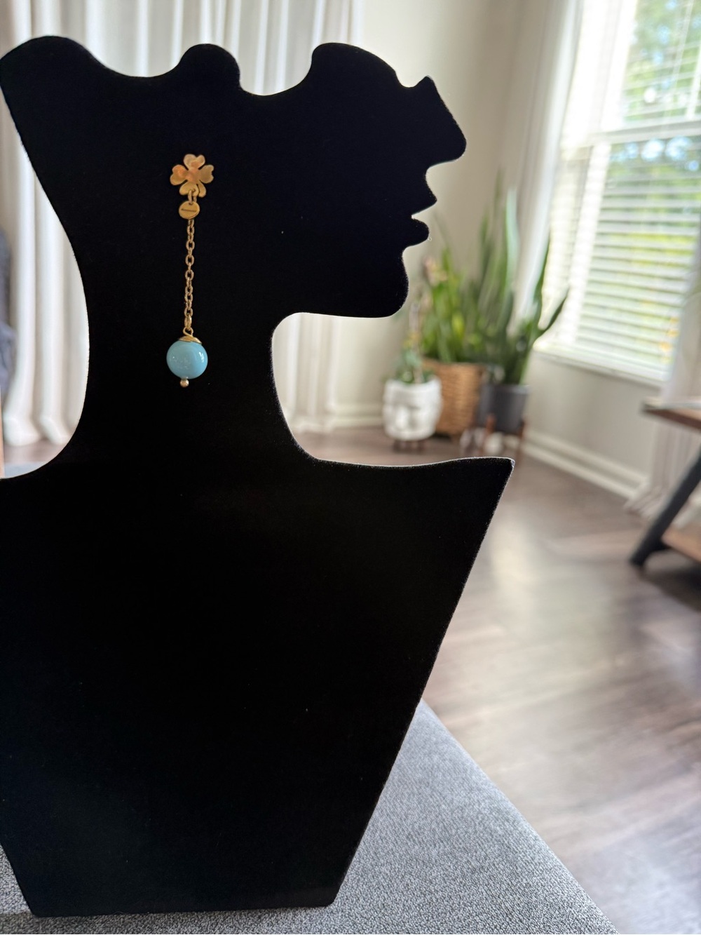 Gold Clover Drop Earrings with Light Blue Bead